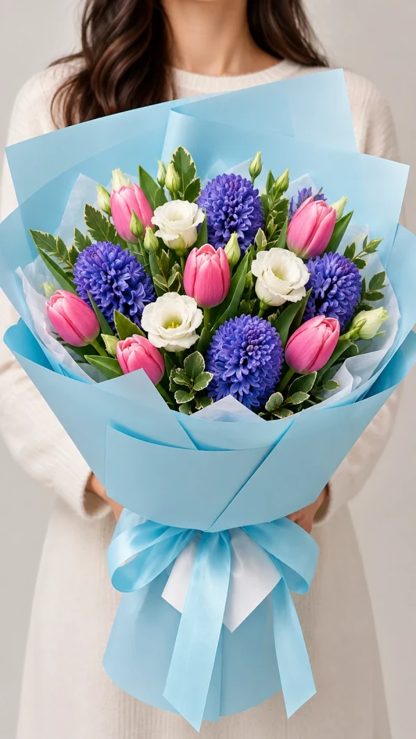 SPRING букет из тюльпан, лизиантуса и гиацинтов «Королевская Весна»